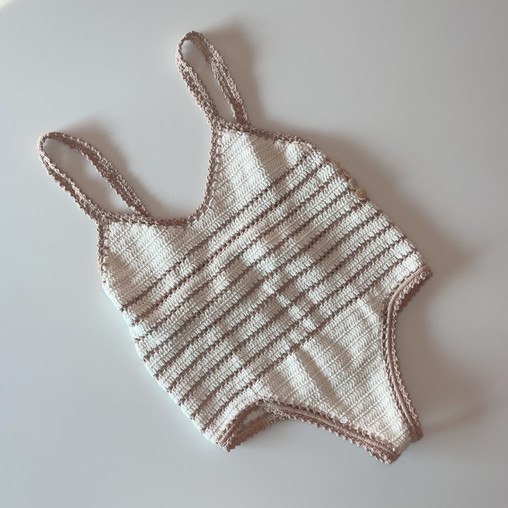 She Made Me Cream Brown Crochet One Piece Swimsuit Sz S/M